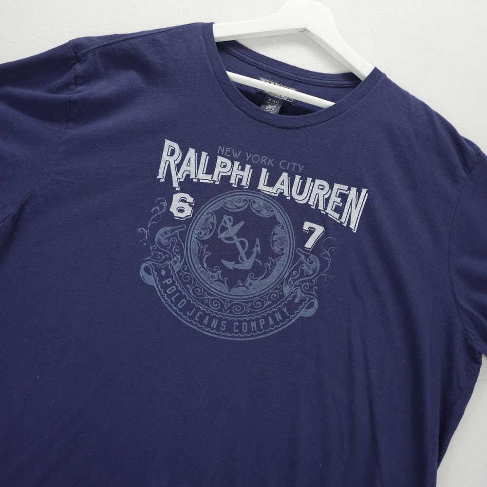 Polo Jeans Co Ralph Lauren Mens XL Navy Blue‎ Anchor Graphic T-Shirt Cotton